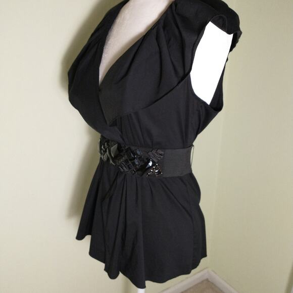 BCBGMAXAZRIA Top Women's Size S Black Sleeveless Ruffle Collar Belted - Picture 6 of 11